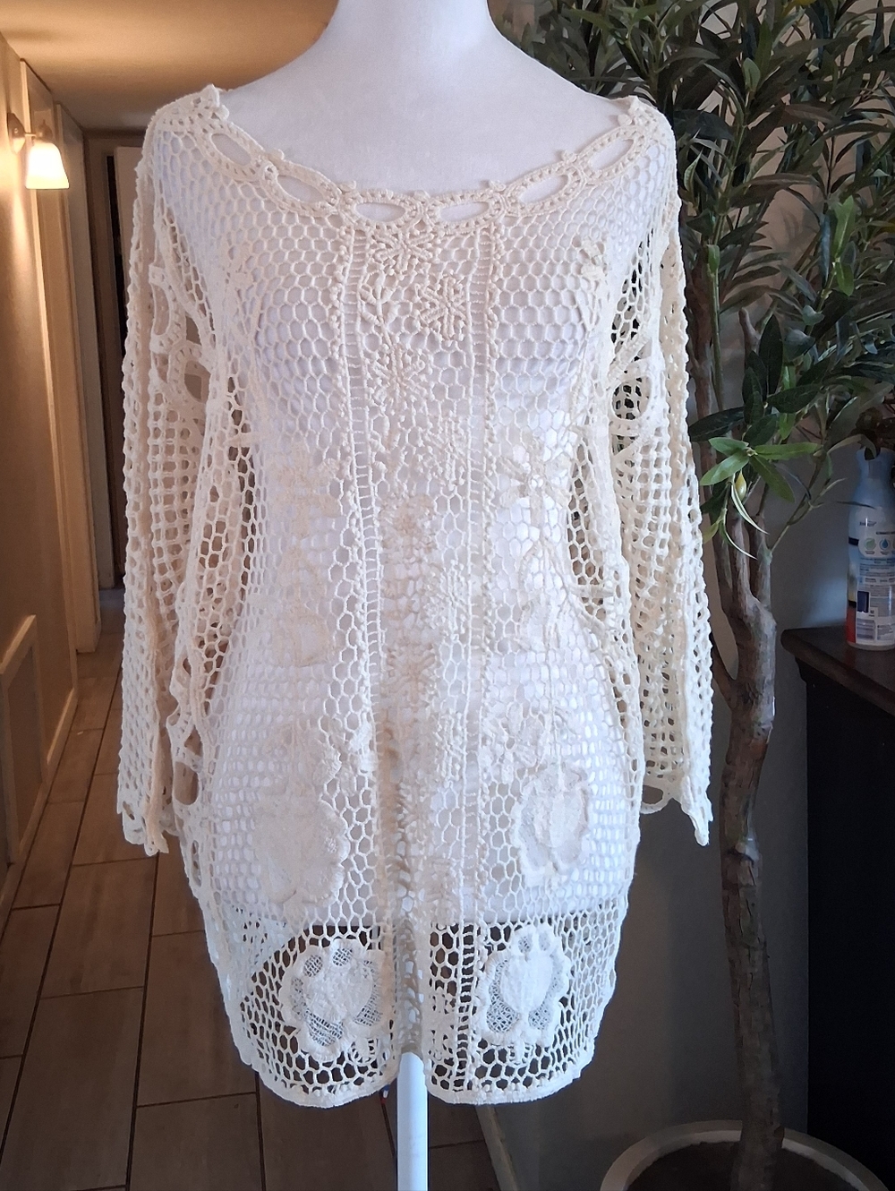 ADIVA Open Knit Floral Crochet Top Boho Cover Up  Summer Cream SzXL Swim Beach‎